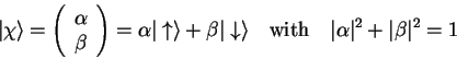 \begin{displaymath}
{\vert\chi \rangle}=
\left(\begin{array}{c}
\alpha  \be...
...\quad\mathrm{with}\quad \vert\alpha\vert^2+\vert\beta\vert^2=1
\end{displaymath}