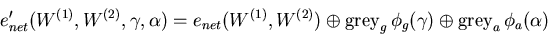 \begin{displaymath}e'_{net}(W^{(1)},W^{(2)},\gamma,\alpha)=
e_{net}(W^{(1)},W^{...
...\, \phi_g(\gamma)
\oplus \mbox{\rm grey}_a \, \phi_a(\alpha) \end{displaymath}