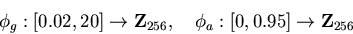 \begin{displaymath}\phi_g: [0.02,20] \rightarrow {\bf Z}_{256}, \quad
\phi_a: [0,0.95] \rightarrow {\bf Z}_{256} \end{displaymath}