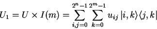 \begin{displaymath}
U_1=U\times I(m)=\sum_{i,j=0}^{2^n-1}\sum_{k=0}^{2^m-1}
u_{ij}\,{\vert i,k \rangle}{\langle j,k\vert}
\end{displaymath}