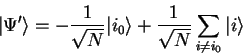 \begin{displaymath}
{\vert\Psi' \rangle}=
-\frac{1}{\sqrt{N}} {\vert i_0 \rangle}+
\frac{1}{\sqrt{N}} \sum_{i\neq i_0} {\vert i \rangle}
\end{displaymath}